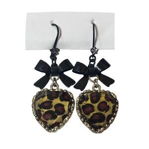 VTG Betsey Johnson Y2K Leopard Heart Drop Earrings Coquette Goth Witchy Fairy